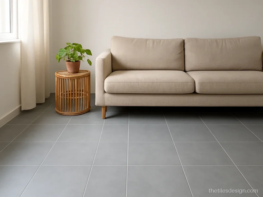 Blue tiles for hall in a small living room with white walls
