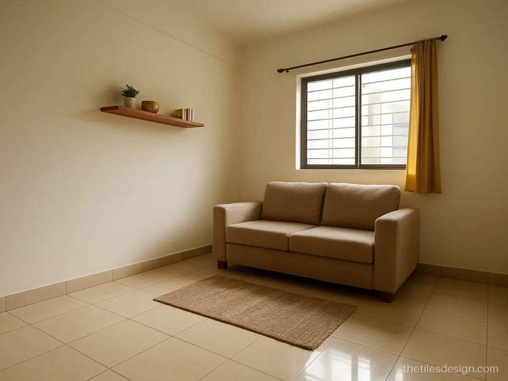 Small living room floor tiles design with large light beige tiles