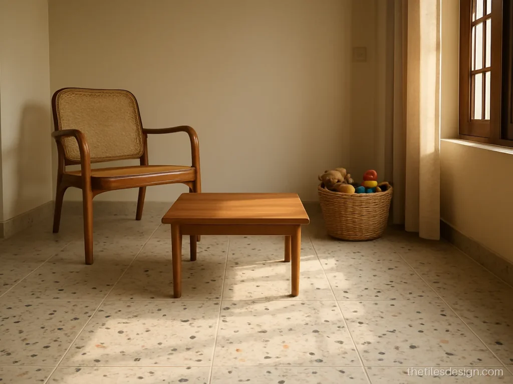 Terrazzo look floor tiles in a small hall with a cane chair