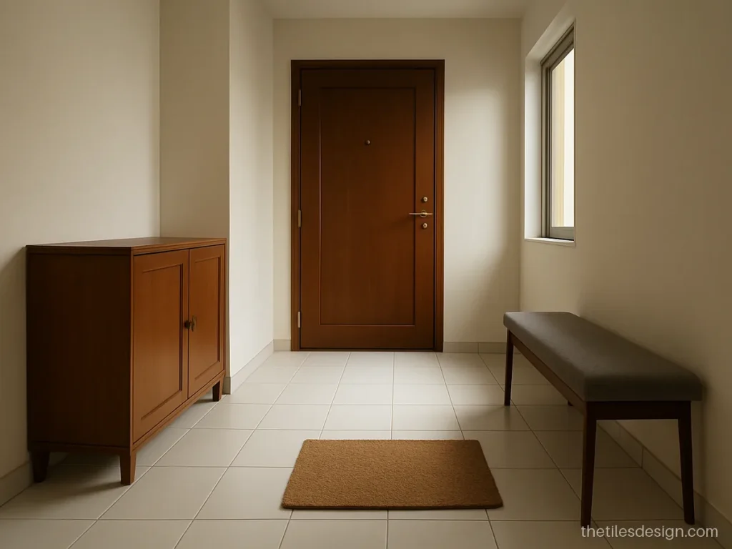 White matt floor tiles in a small hall near the main door