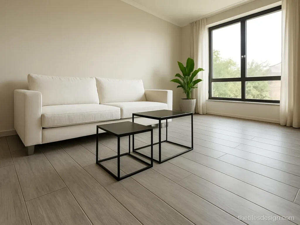 Grey wash wood look floor tiles in a modern living room