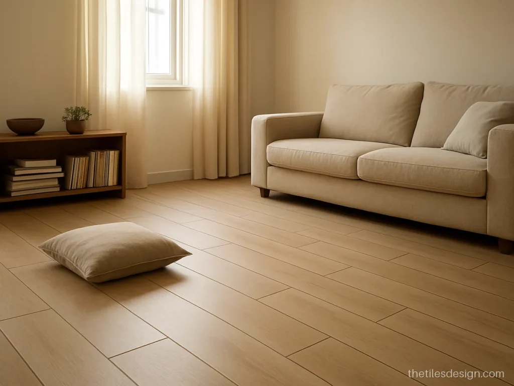 Living room floor tiles in light oak wood look planks laid straight