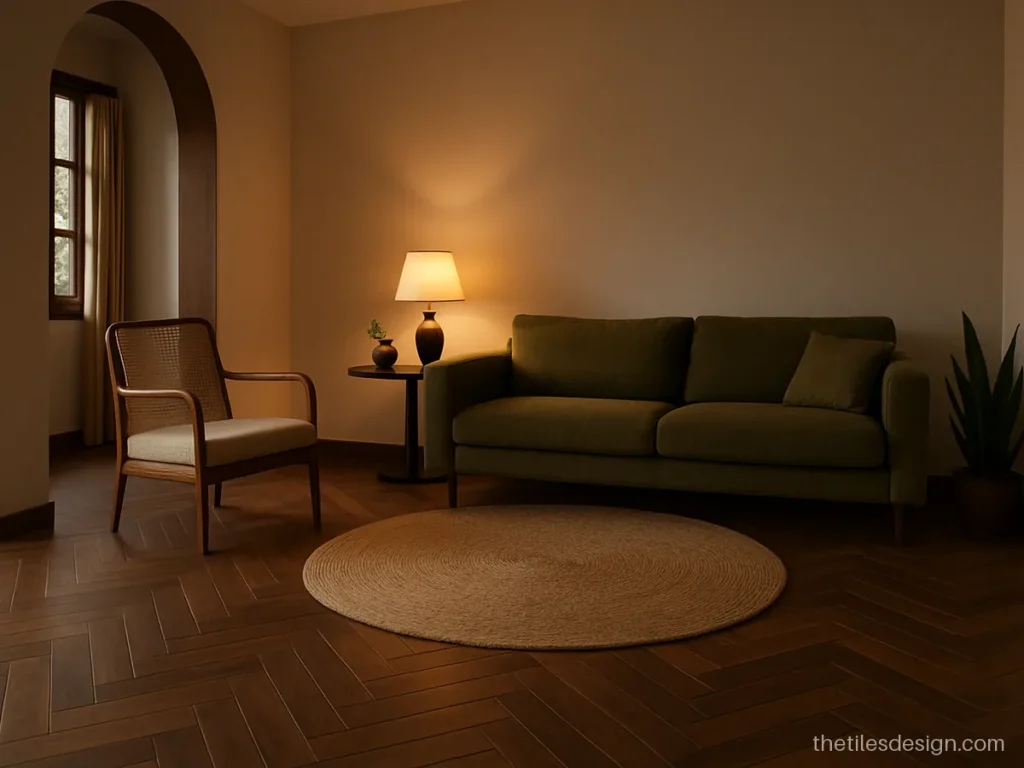 Walnut wood look tiles in herringbone pattern in a living hall