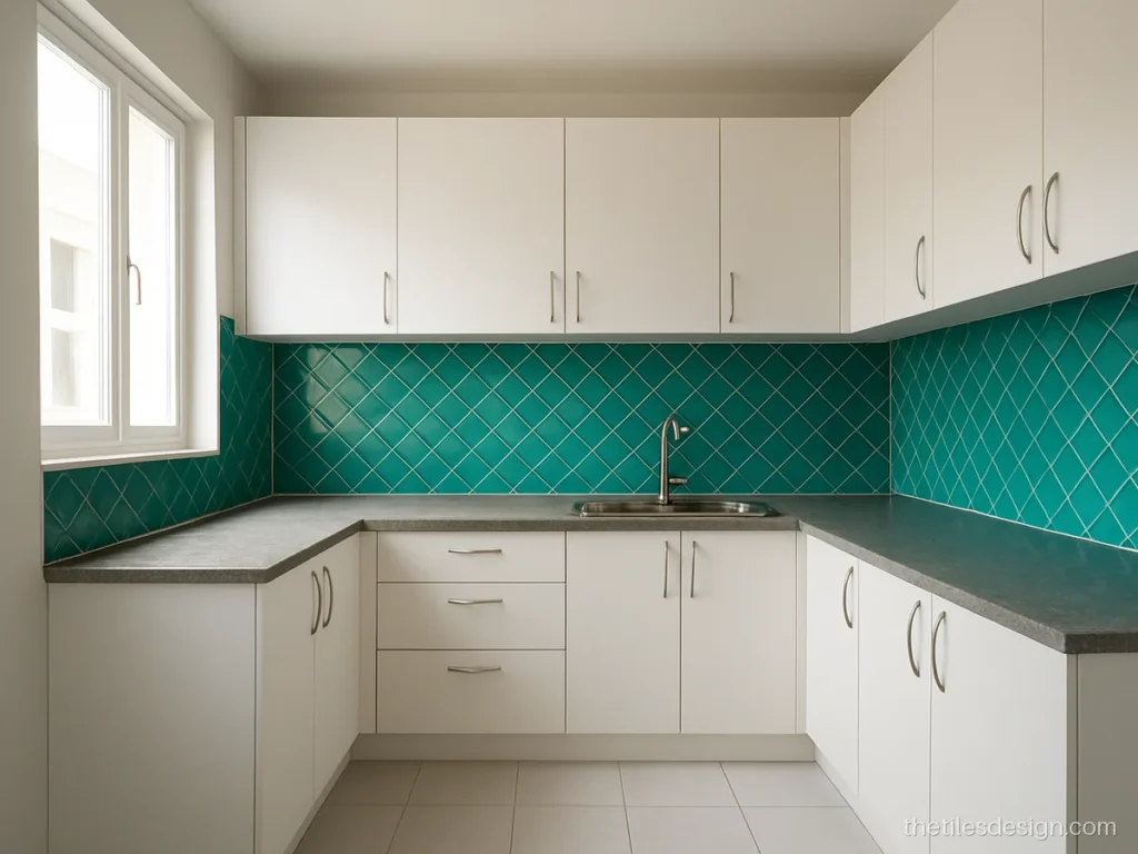 Teal diamond cut 3D tiles for kitchen wall in a glossy finish