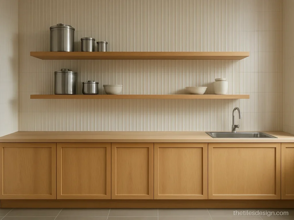 Ivory fluted 3D tiles on a kitchen wall with wooden open shelves
