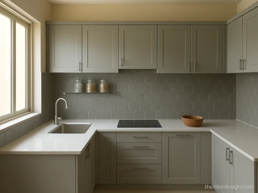 Kitchen wall in grey hexagon relief 3D tiles above a white counter