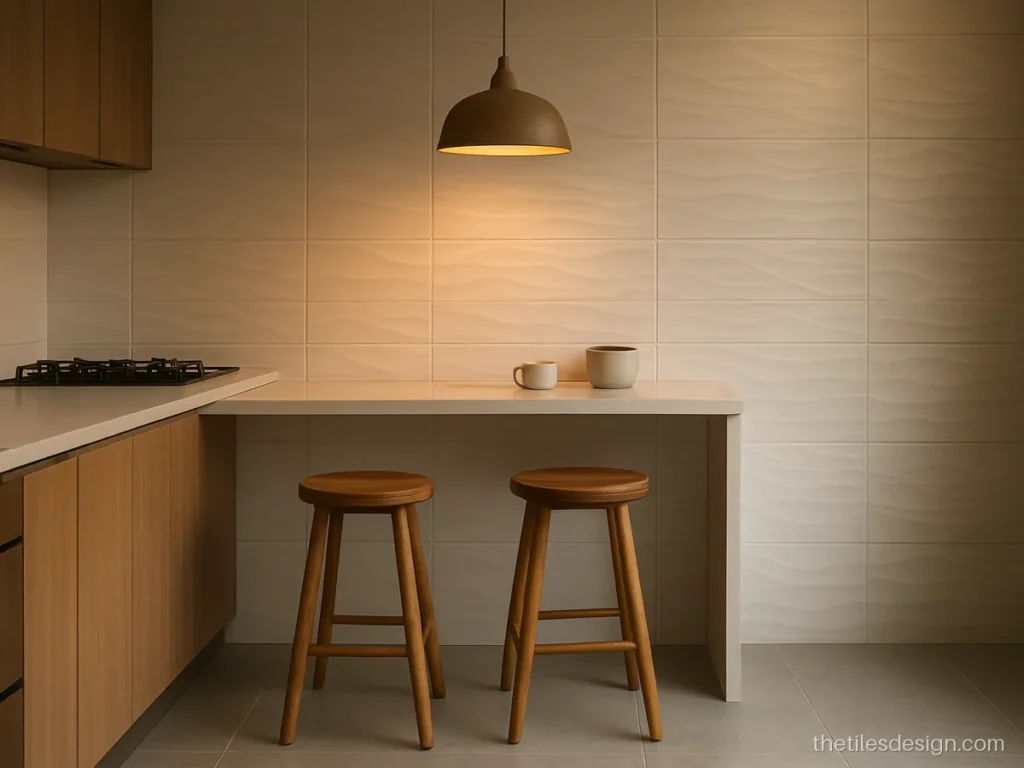 3D tiles for kitchen wall in white wave pattern behind a breakfast counter