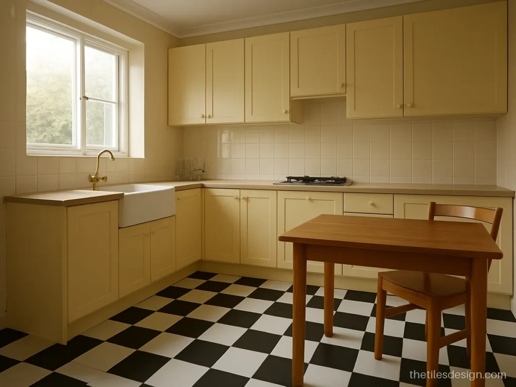 Kitchen floor with black and white checker tiles and cream walls