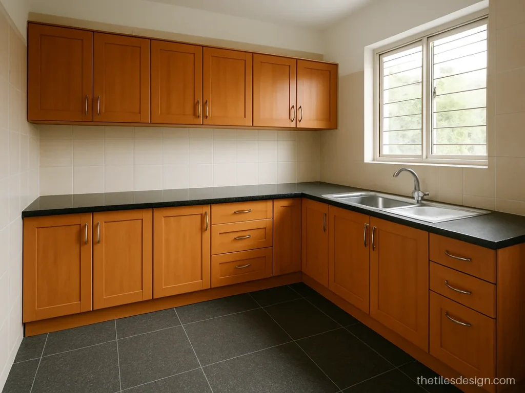 Granite tiles for kitchen floor in dark speckled finish with a matching counter
