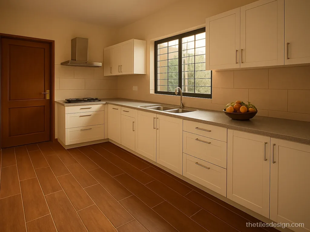 Wood tile kitchen floor in warm brown planks with a white modular kitchen