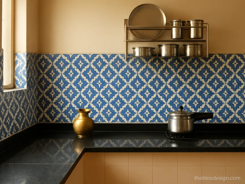Moroccan kitchen tiles in blue and white above a black granite platform