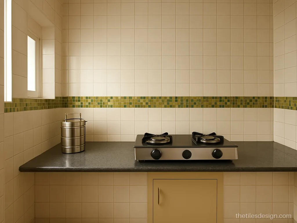 Mosaic kitchen tiles band in green and gold glass on a cream wall