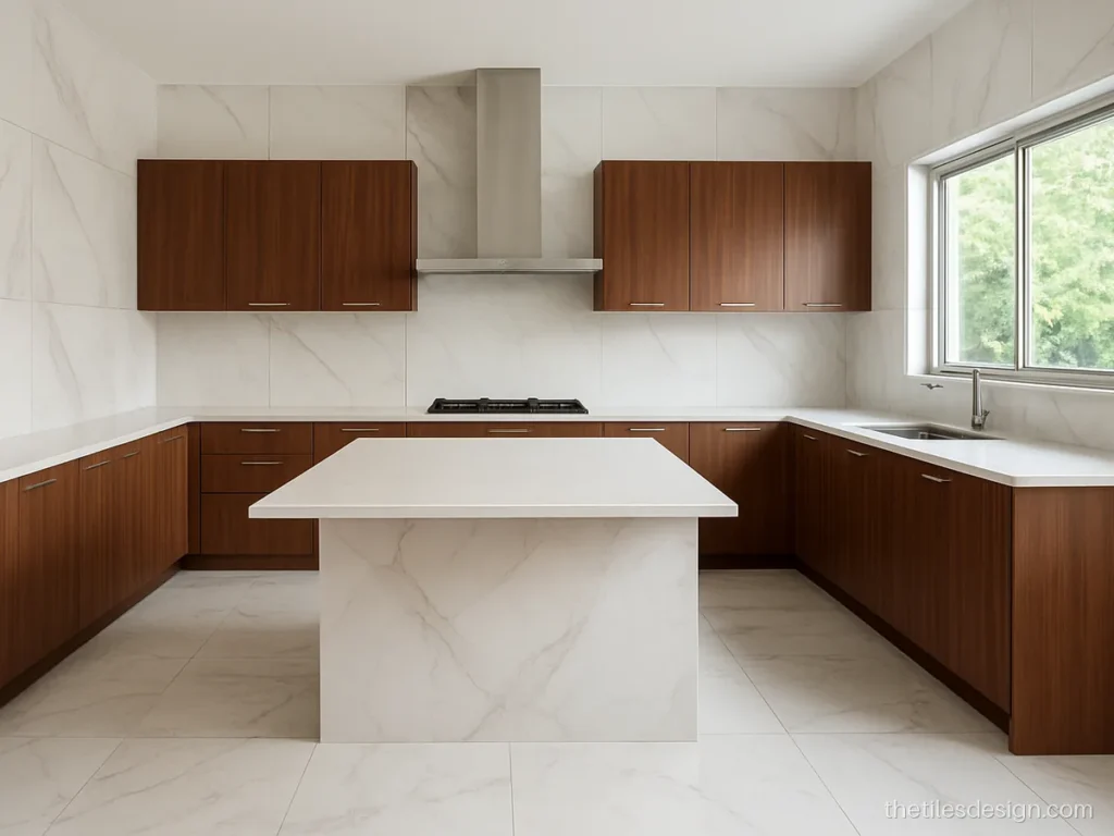 Kitchen marble tiles in white marble look on wall and floor with grey veins