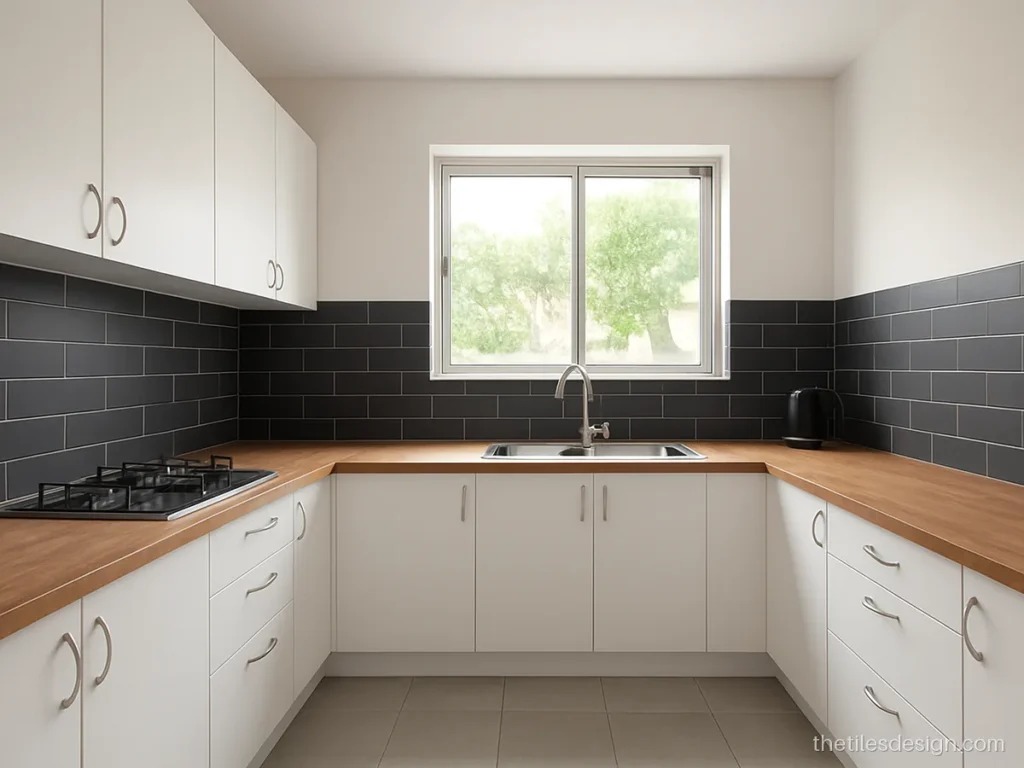 Black kitchen tiles on the backsplash with white cabinets and a wood counter