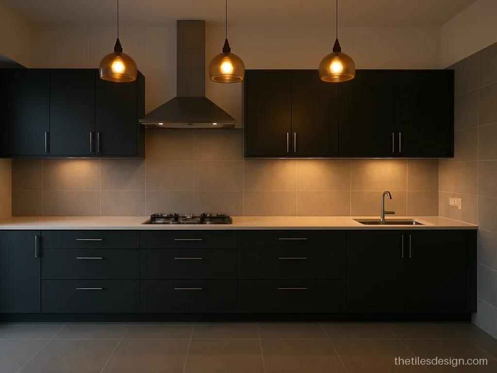 Grey kitchen tiles in concrete look on the floor and walls of a modern kitchen