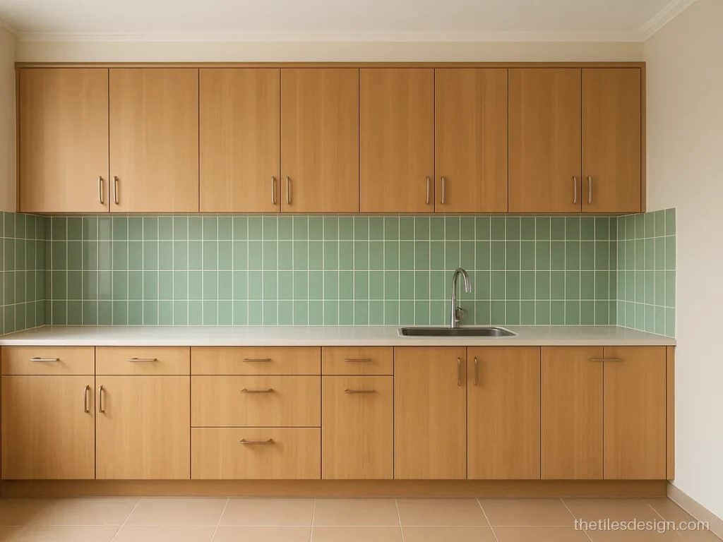 Green kitchen tiles in a glossy finish with light oak cabinets