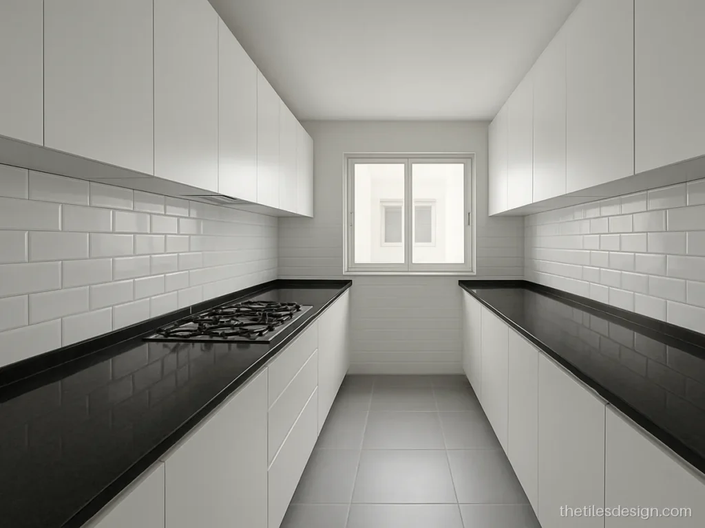 Modern kitchen tiles design with white glossy wall tiles and grey matt floor