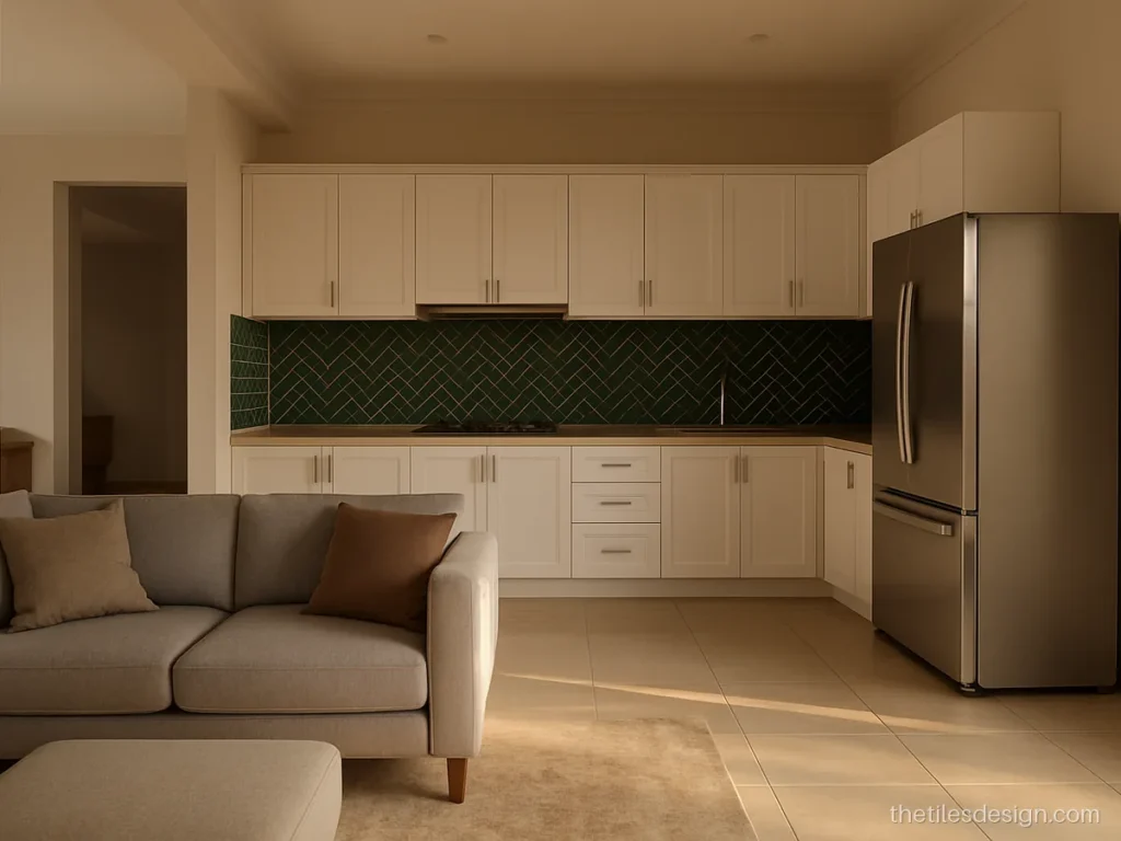 Dark green kitchen backsplash tiles in an open kitchen facing the living room