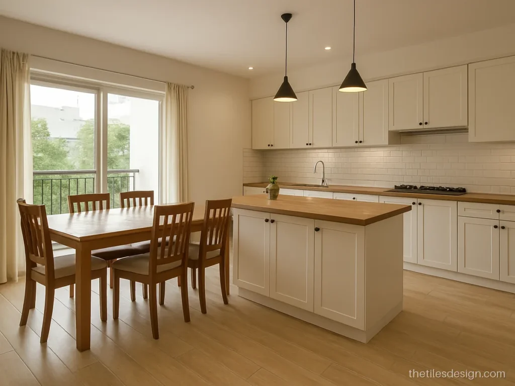 Open kitchen island with wood look floor tiles and white wall tiles