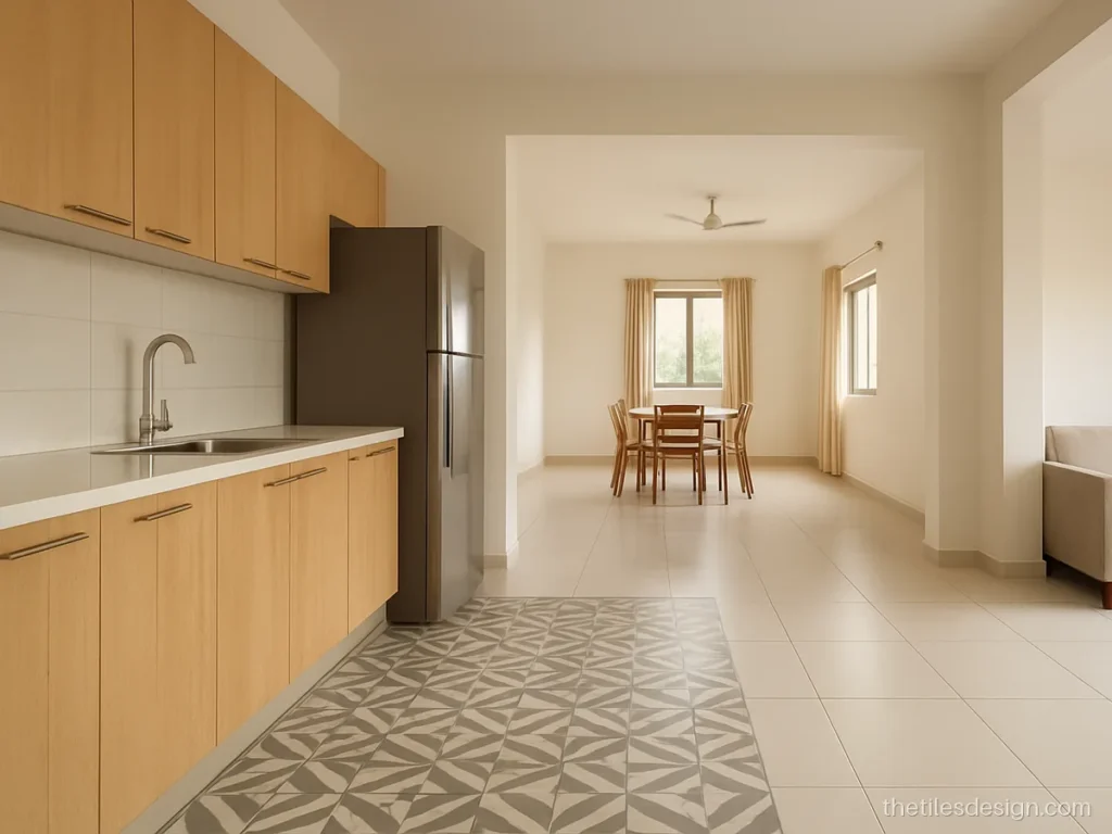 Patterned floor tiles marking the kitchen zone in an open hall