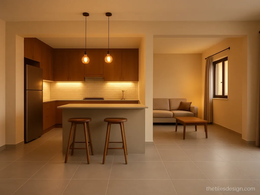 Open kitchen and hall with the same light grey large floor tiles throughout
