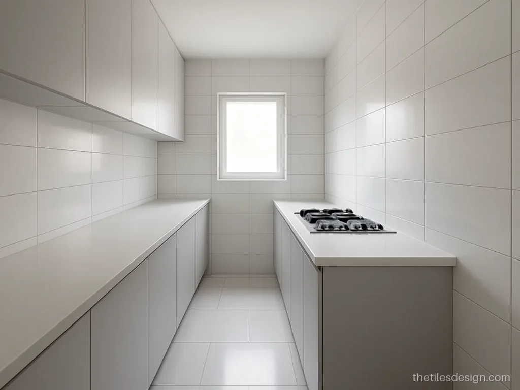 Small kitchen tiles design with large white tiles in a narrow galley kitchen