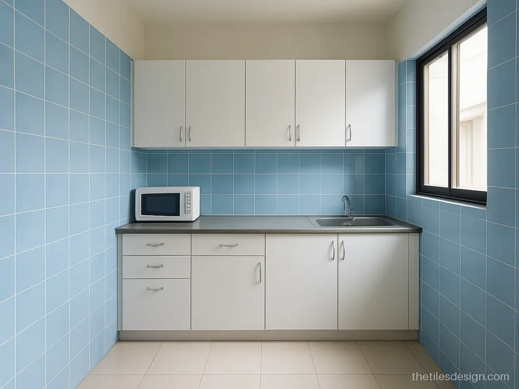 Pale blue kitchen wall tiles in a small L shaped kitchen with white floor