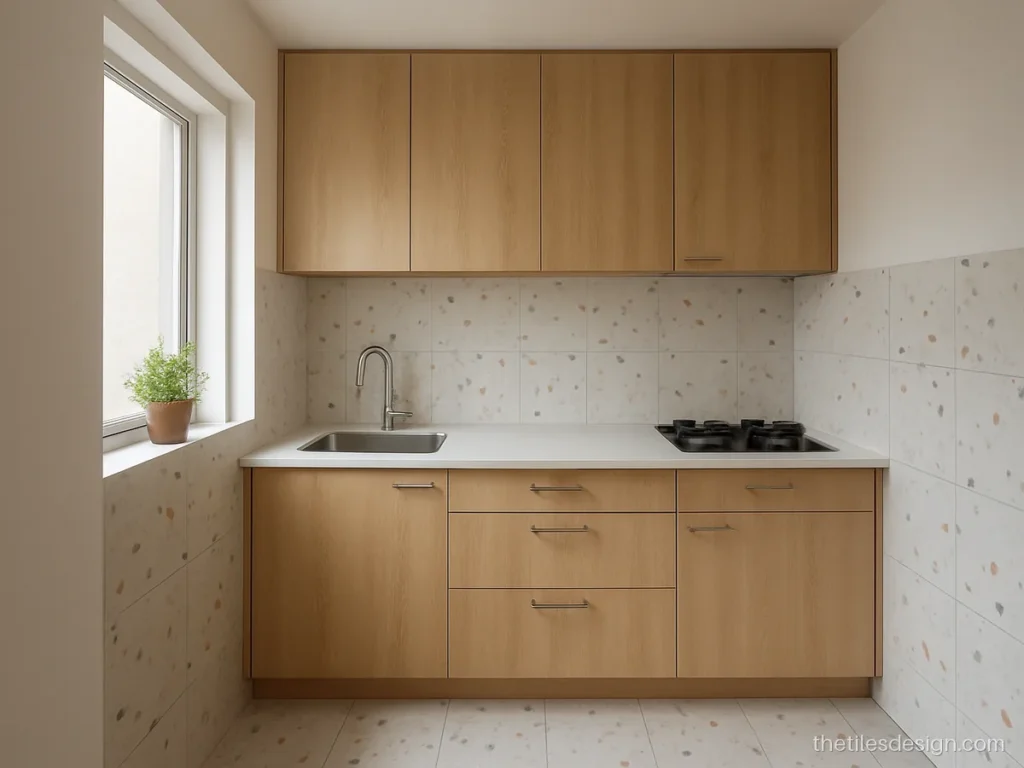 One wall kitchen with terrazzo look tiles on floor and backsplash
