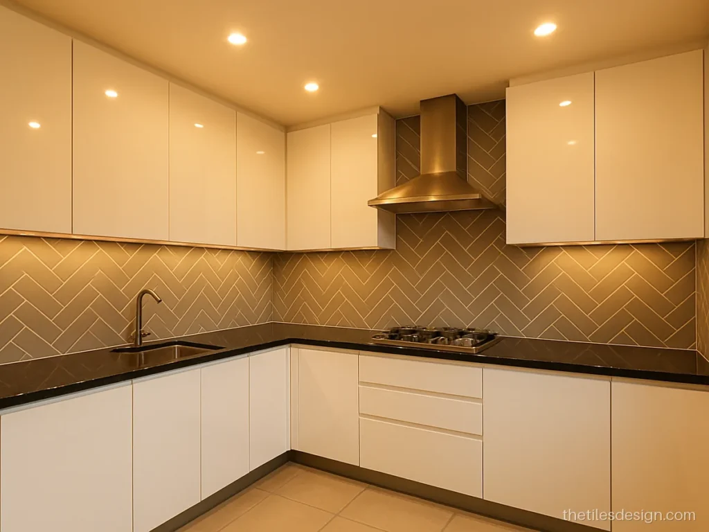 Grey kitchen backsplash in chevron pattern with white cabinets