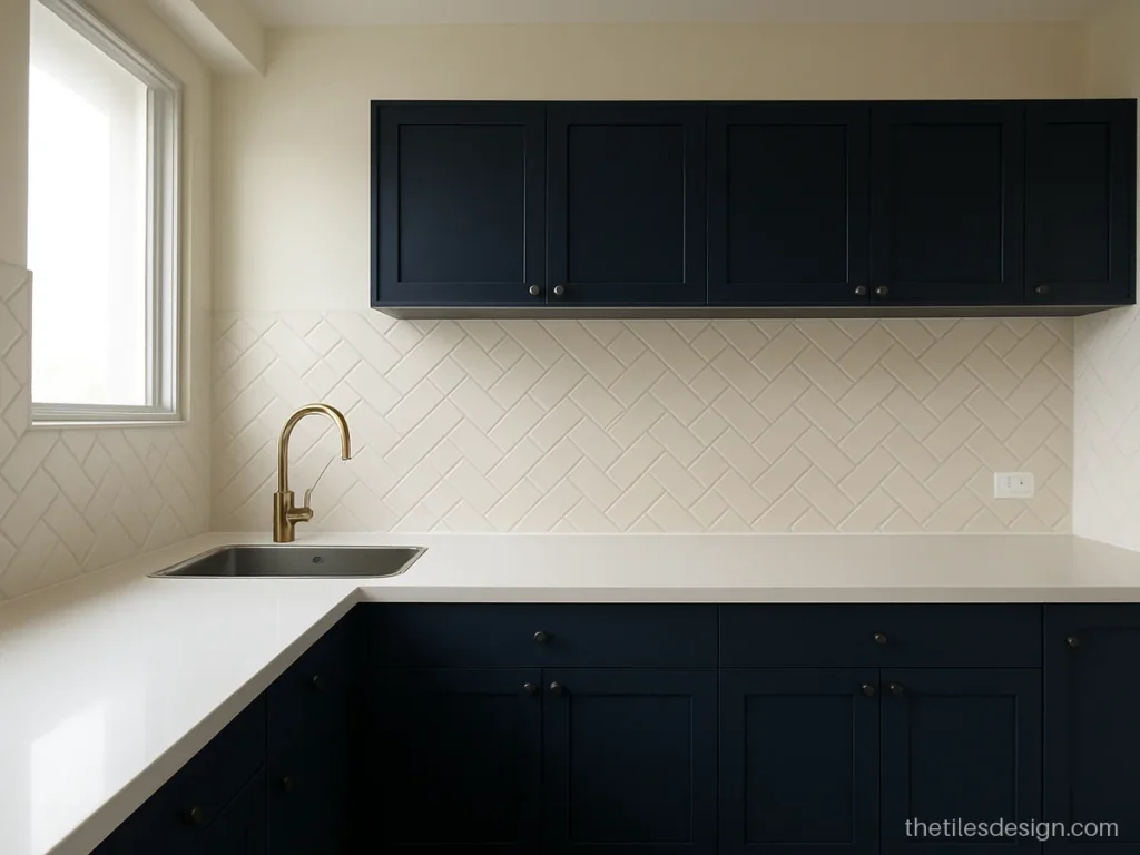 Kitchen backsplash tile in cream glossy herringbone pattern with grey grout