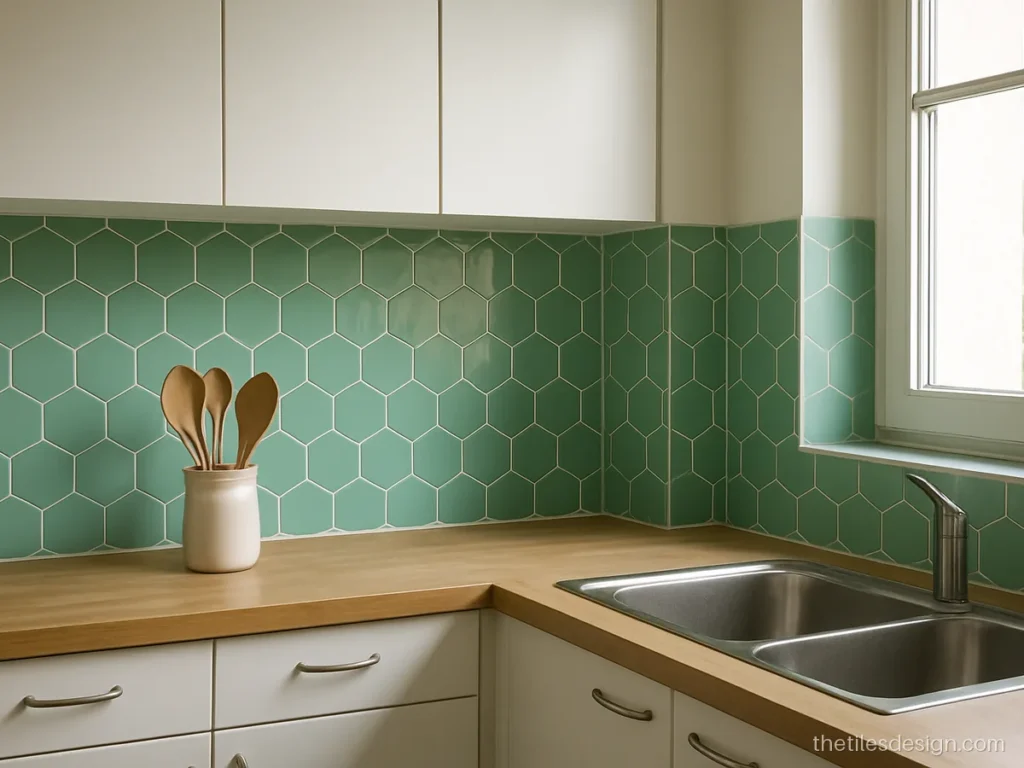 Mosaic kitchen wall tiles in mint hexagons on a small backsplash