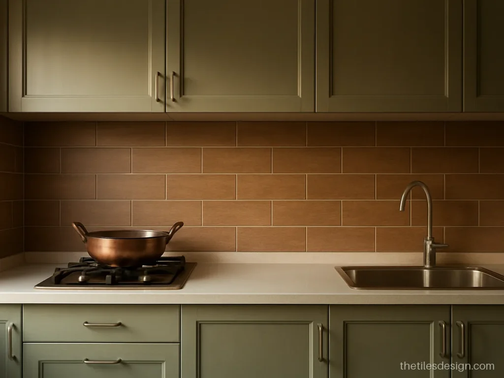 Brown kitchen wall tiles in wood look strips as a warm dado
