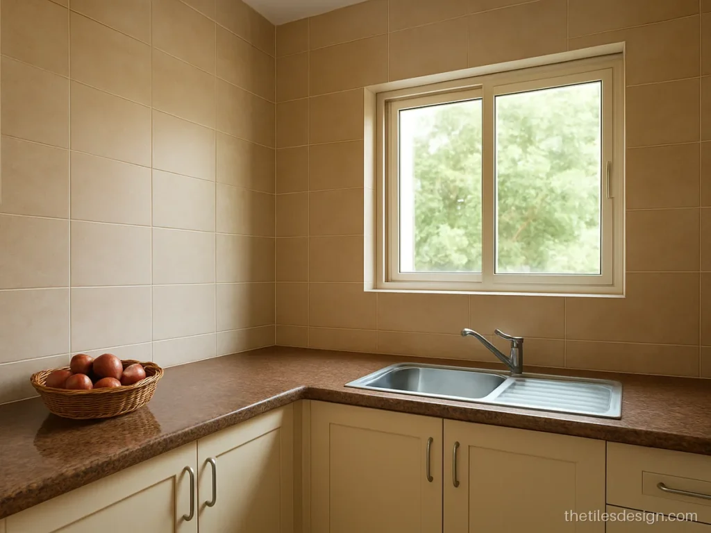 Dado tiles texture in beige stone look on an Indian kitchen wall