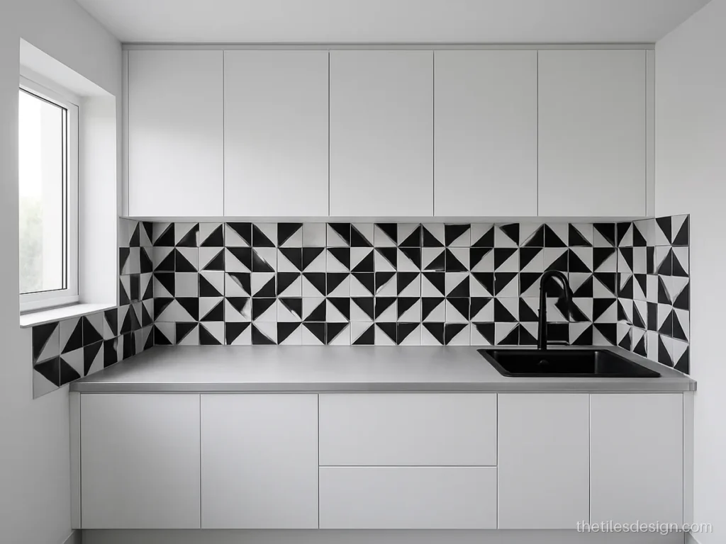 Black and white kitchen wall tiles in a graphic pattern above a white counter