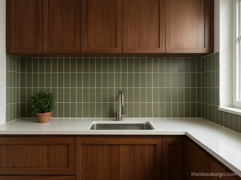 Modern kitchen wall tiles in olive matt finish laid in a vertical stack