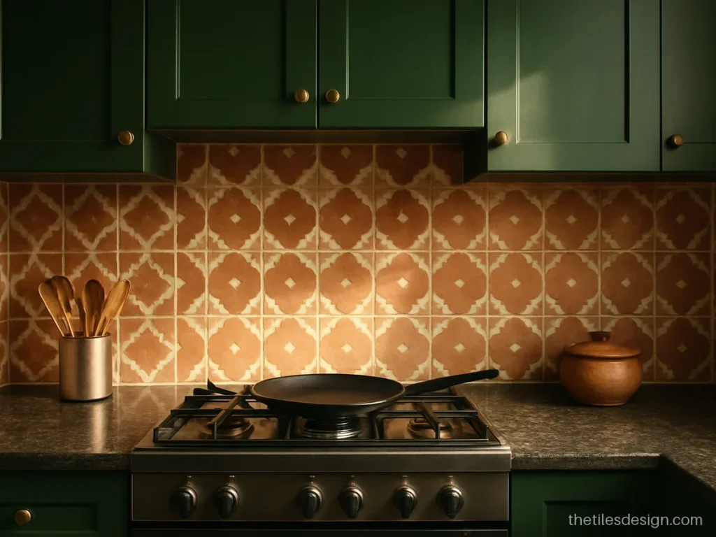 Moroccan pattern kitchen wall tiles in terracotta and cream above the stove