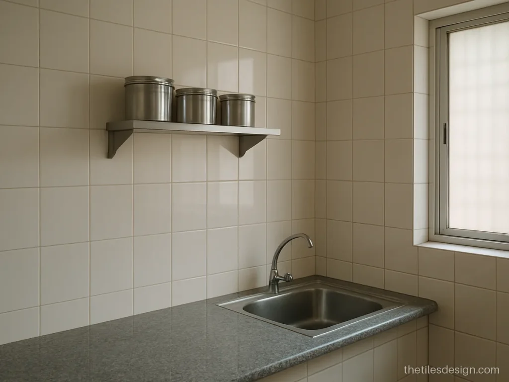 Simple kitchen wall tiles design in plain ivory glossy tiles from platform to ceiling