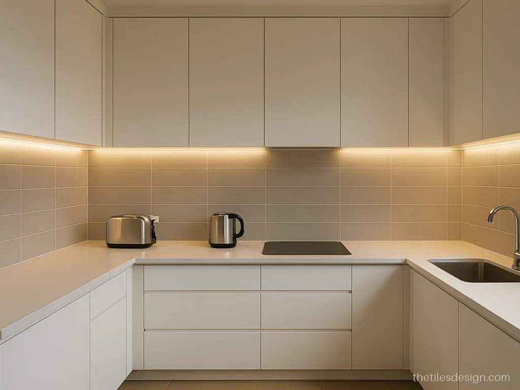 Grey kitchen wall tiles in satin finish as a simple dado above the counter
