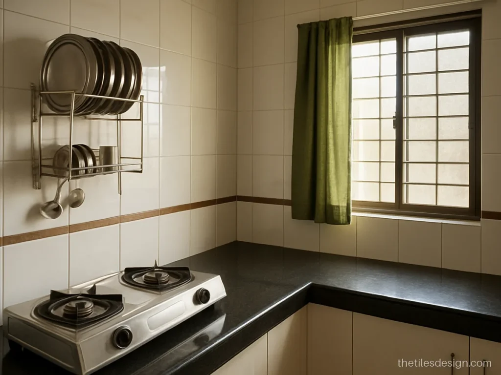 White kitchen wall tiles with a thin brown border strip near the top