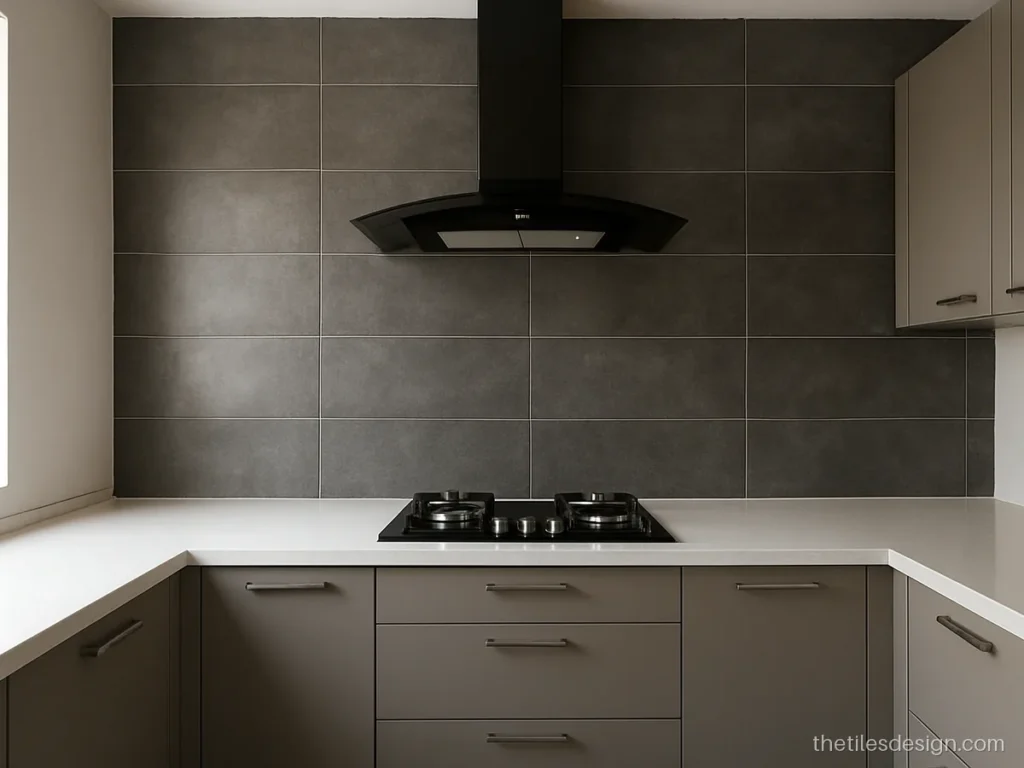 Porcelain kitchen wall tiles in grey stone texture behind a hob
