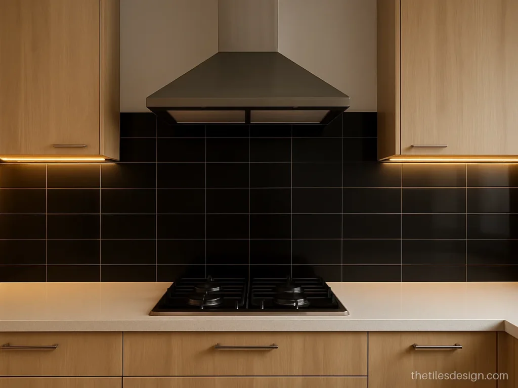 Black kitchen wall tiles in a large glossy panel behind the gas stove