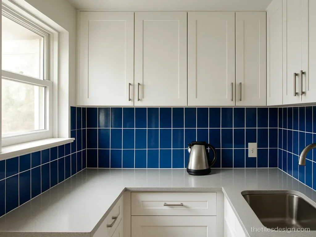 Blue kitchen wall tiles in a vertical subway layout with white grout