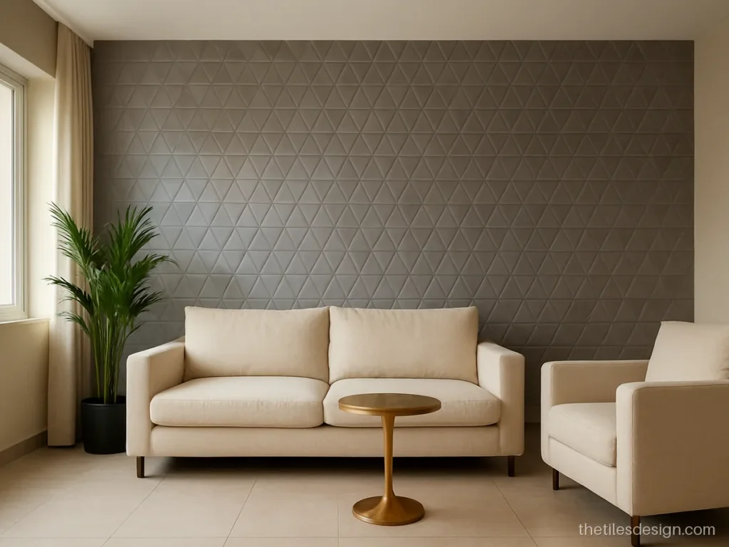 Drawing room wall tiles in grey 3D geometric triangles with a cream sofa