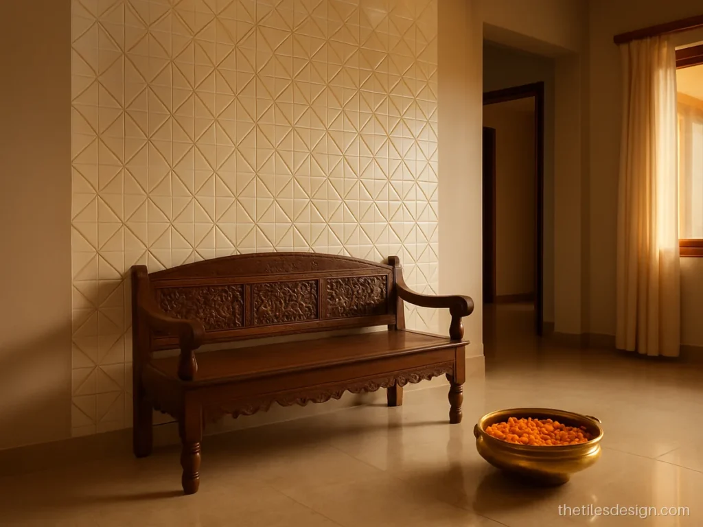 Living room wall highlighter tiles in 3D cream with thin gold lines