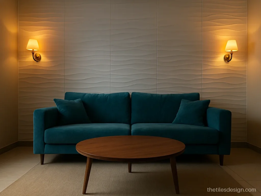 3D wall tiles design for living room in white wave pattern behind a sofa