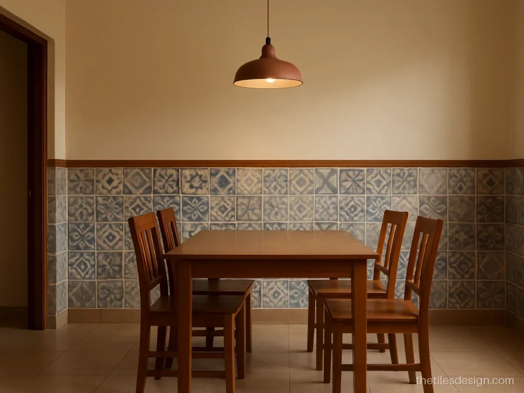 Dining hall wall tiles design with patterned tiles up to half wall height