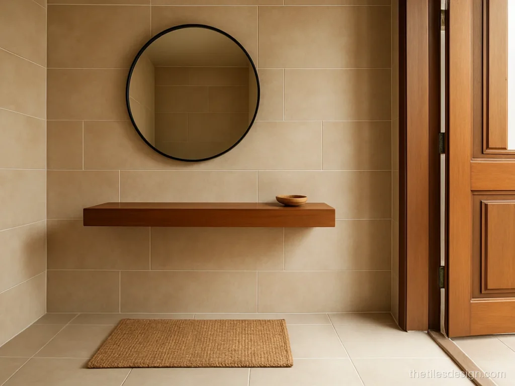 Lobby wall tiles design in beige stone look with a floating shoe shelf