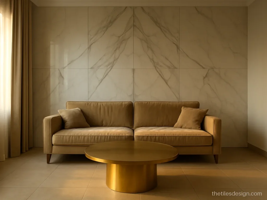 Book matched marble look wall tiles in white and grey in a drawing room