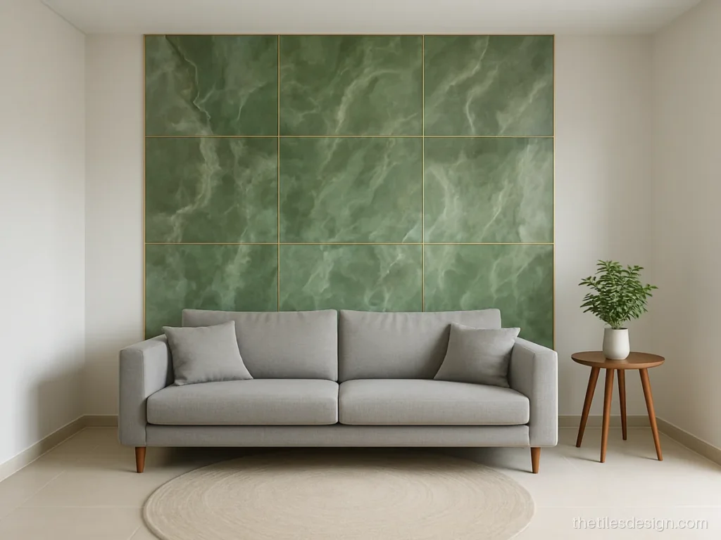 Green onyx look wall tiles as a panel in a modern living room