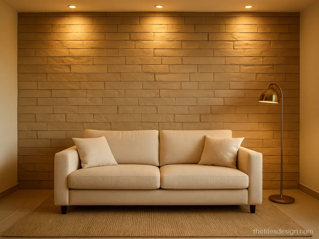 Dholpur look stone wall tiles in ledger strips behind a cream sofa